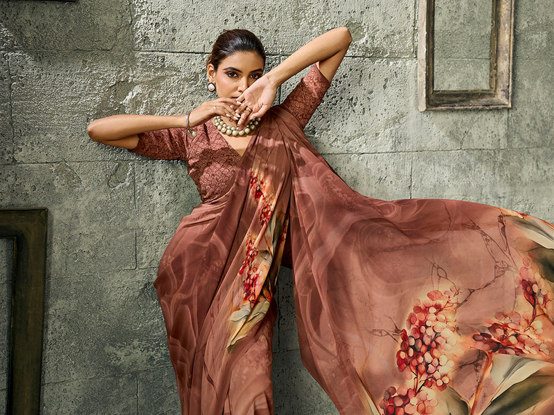 Brown Pure Weightless Floral Printed Saree sedora couture