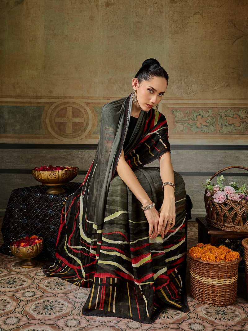 Black Georgette Abstract Printed Saree sedora couture