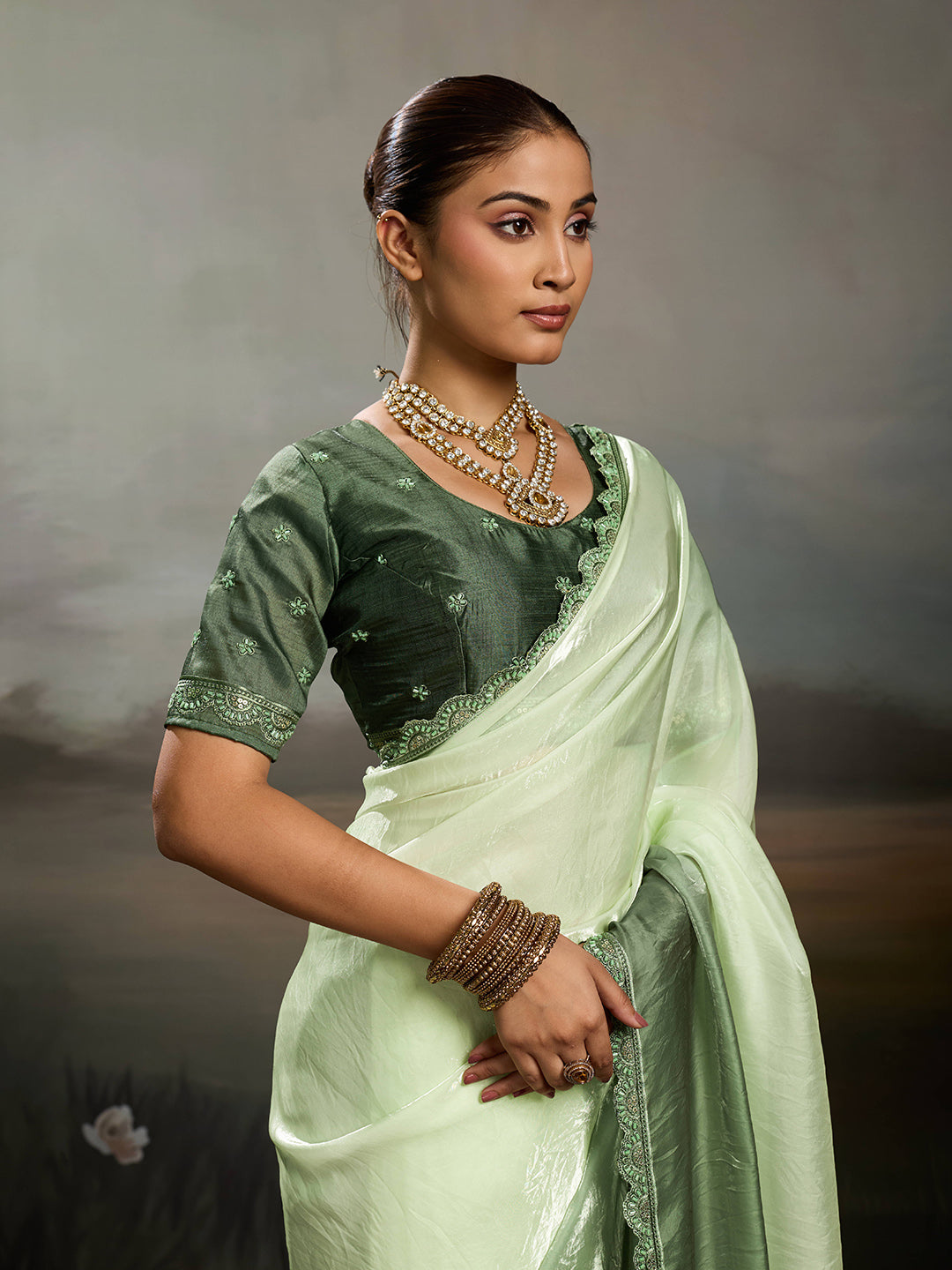 Green Satin Plain Dyed Saree sedora couture