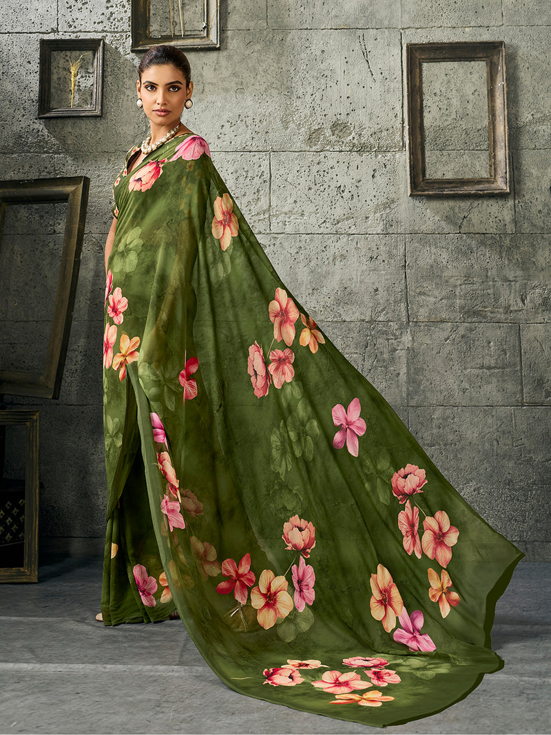 Green Pure Weightless Floral Printed Saree sedoracouture