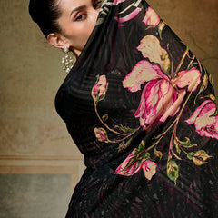 Black Georgette Floral Printed Saree sedoracouture