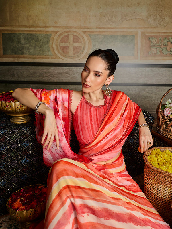 Orange Georgette Abstract Printed Saree sedoracouture