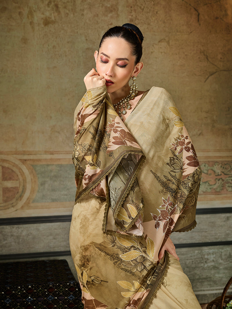 Olive Georgette Floral Printed Saree sedora couture