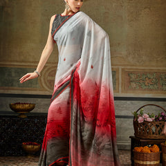 White Georgette Floral Printed Saree sedora couture