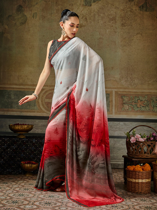 White Georgette Floral Printed Saree sedora couture