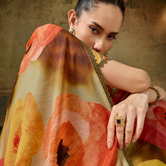Yellow Georgette Floral Printed Saree sedora couture
