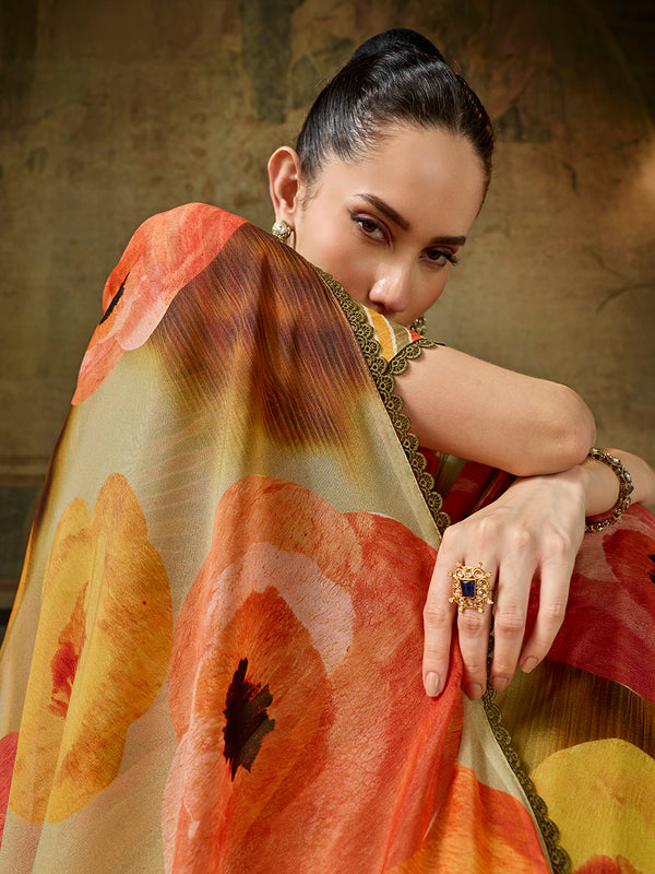 Yellow Georgette Floral Printed Saree sedora couture