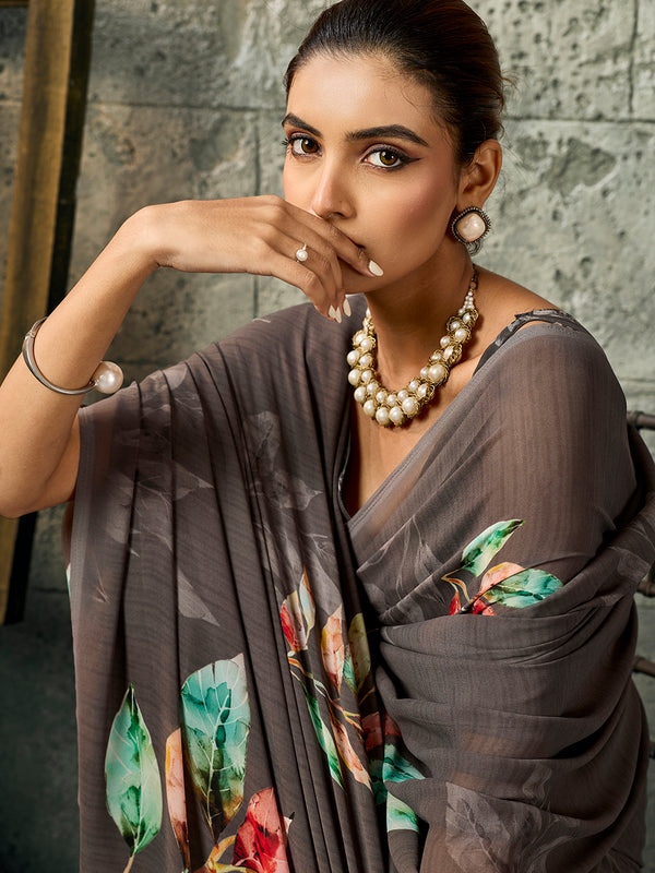 Grey Pure Weightless Floral Printed Saree sedora couture