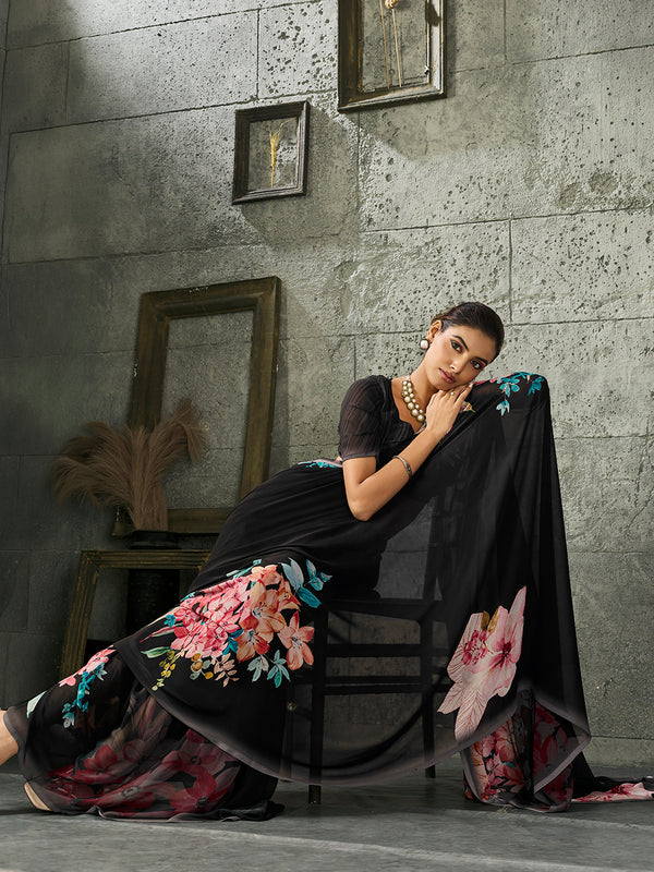 Black Pure Weightless Floral Printed Saree sedoracouture