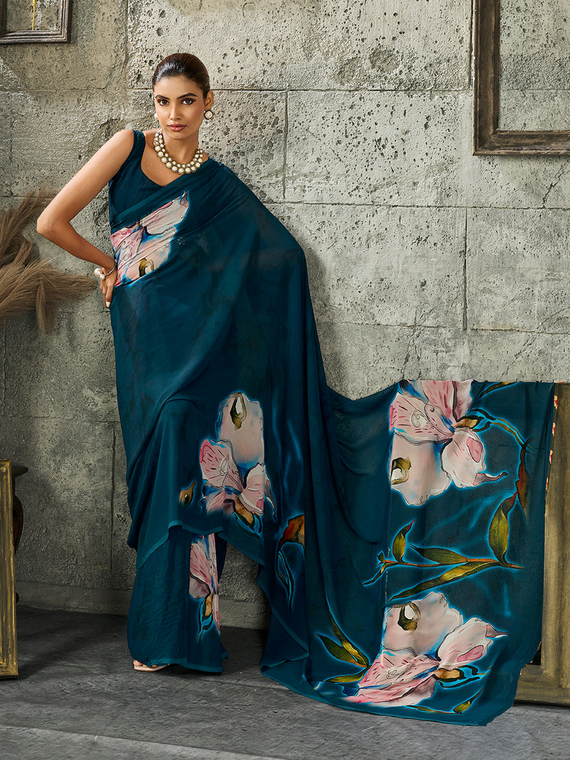 Blue Pure Weightless Floral Printed Saree sedoracouture