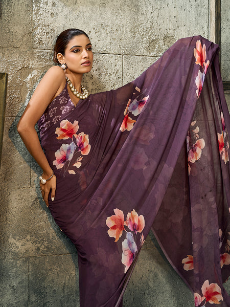 Dark Purple Pure Weightless Floral Printed Saree sedoracouture