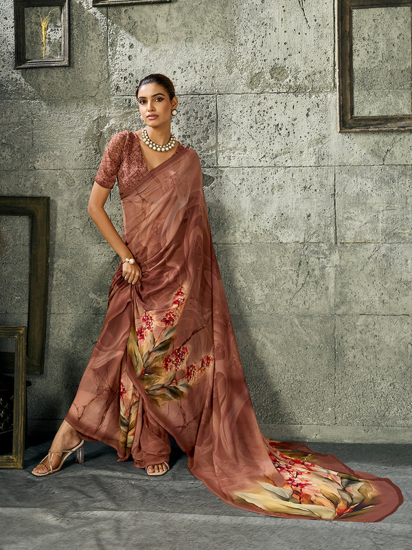 Brown Pure Weightless Floral Printed Saree sedora couture