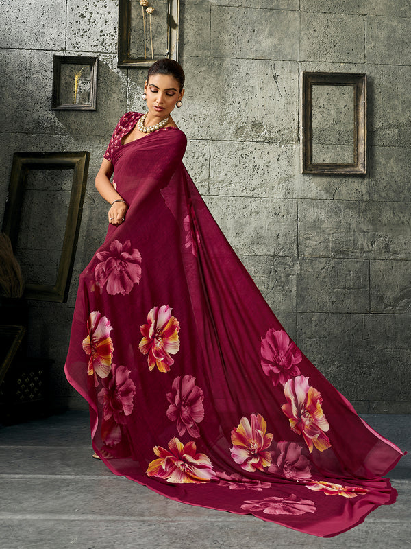 Wine Pure Weightless Floral Printed Saree sedora couture