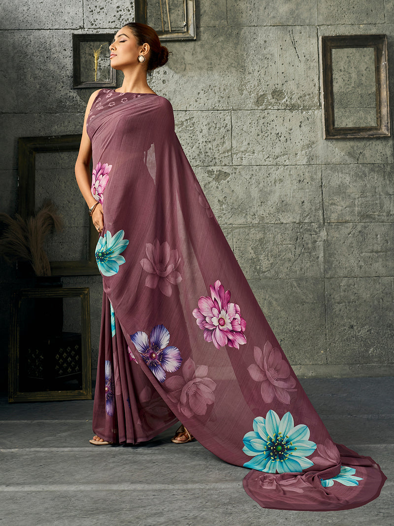 Dusty Purple Georgette Floral Saree sedora couture