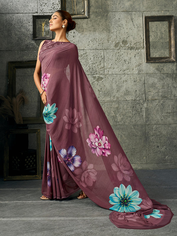 Dusty Purple Georgette Floral Saree sedora couture