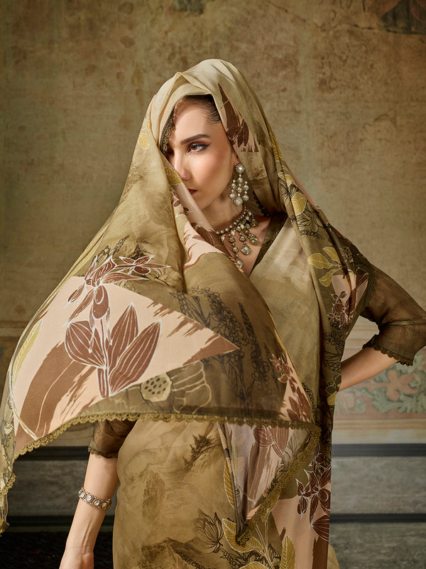 Gold Georgette Floral Printed Saree sedora couture