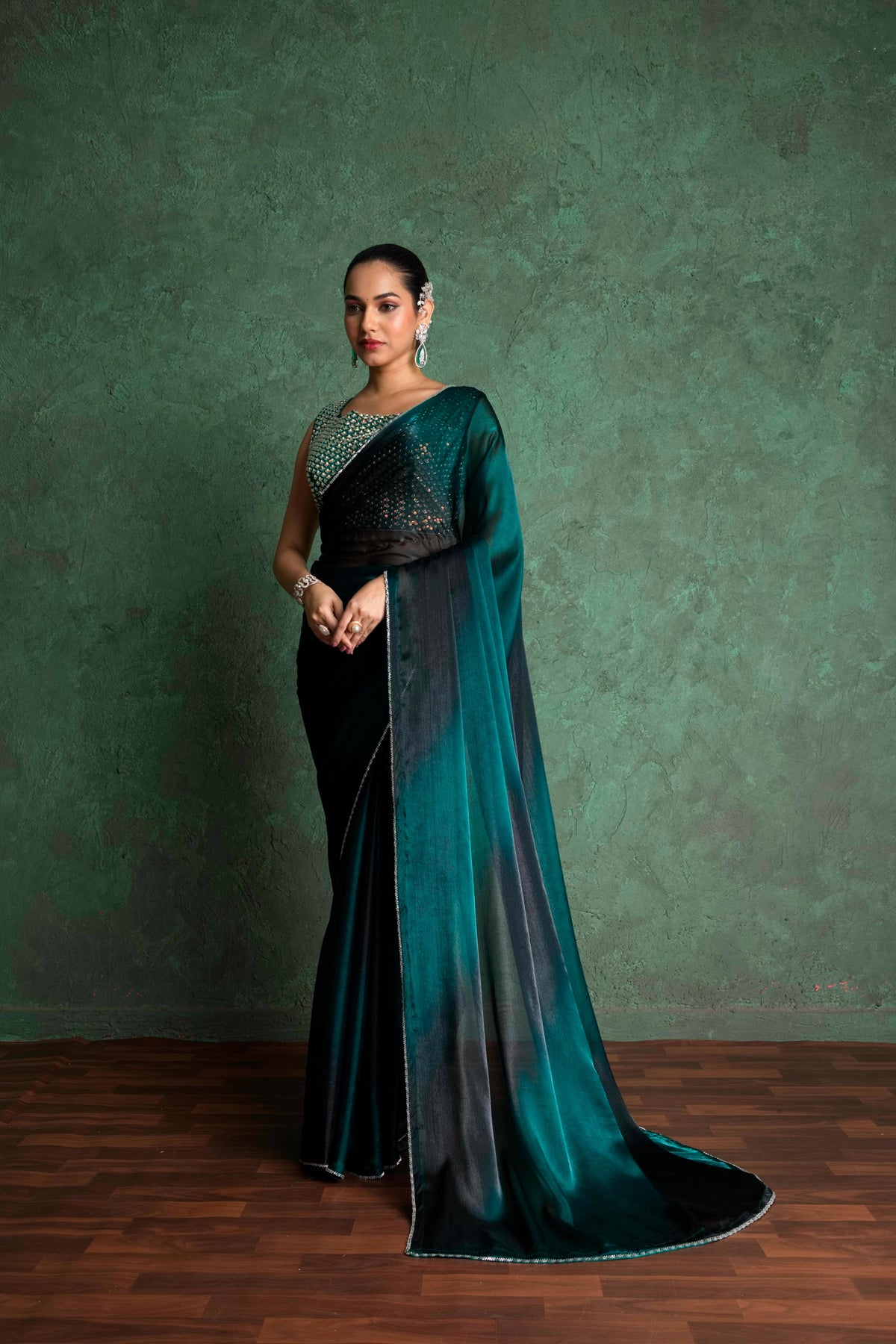 Graceful Green Saree with Embroidered Border sedoracouture