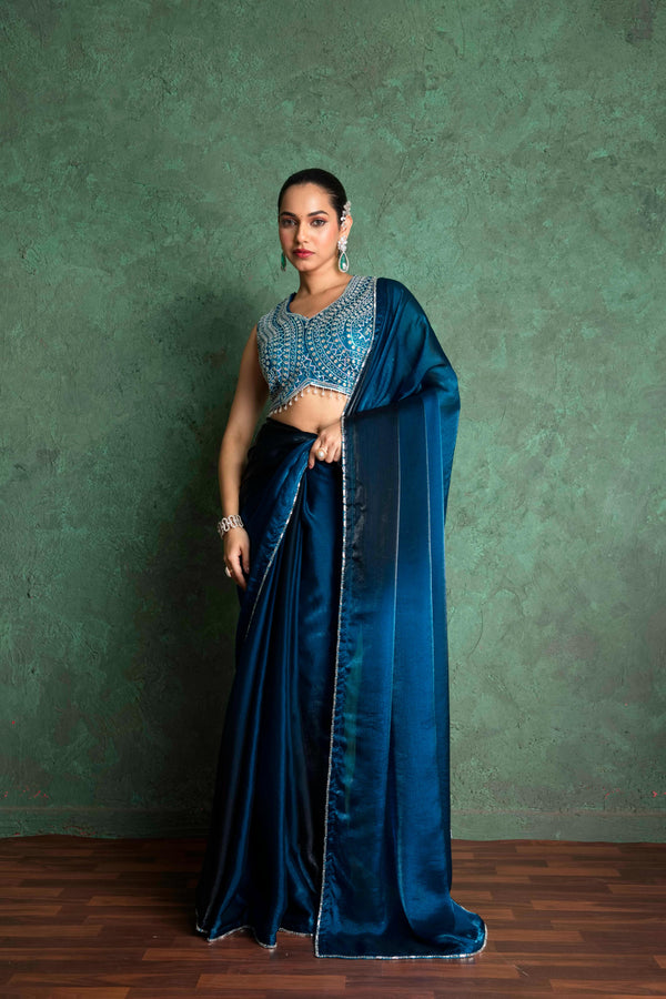 Chic Blue Saree with Creative Embroidery sedoracouture