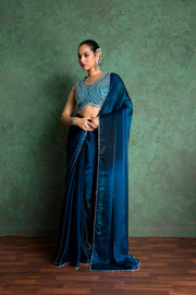 Chic Blue Saree with Creative Embroidery