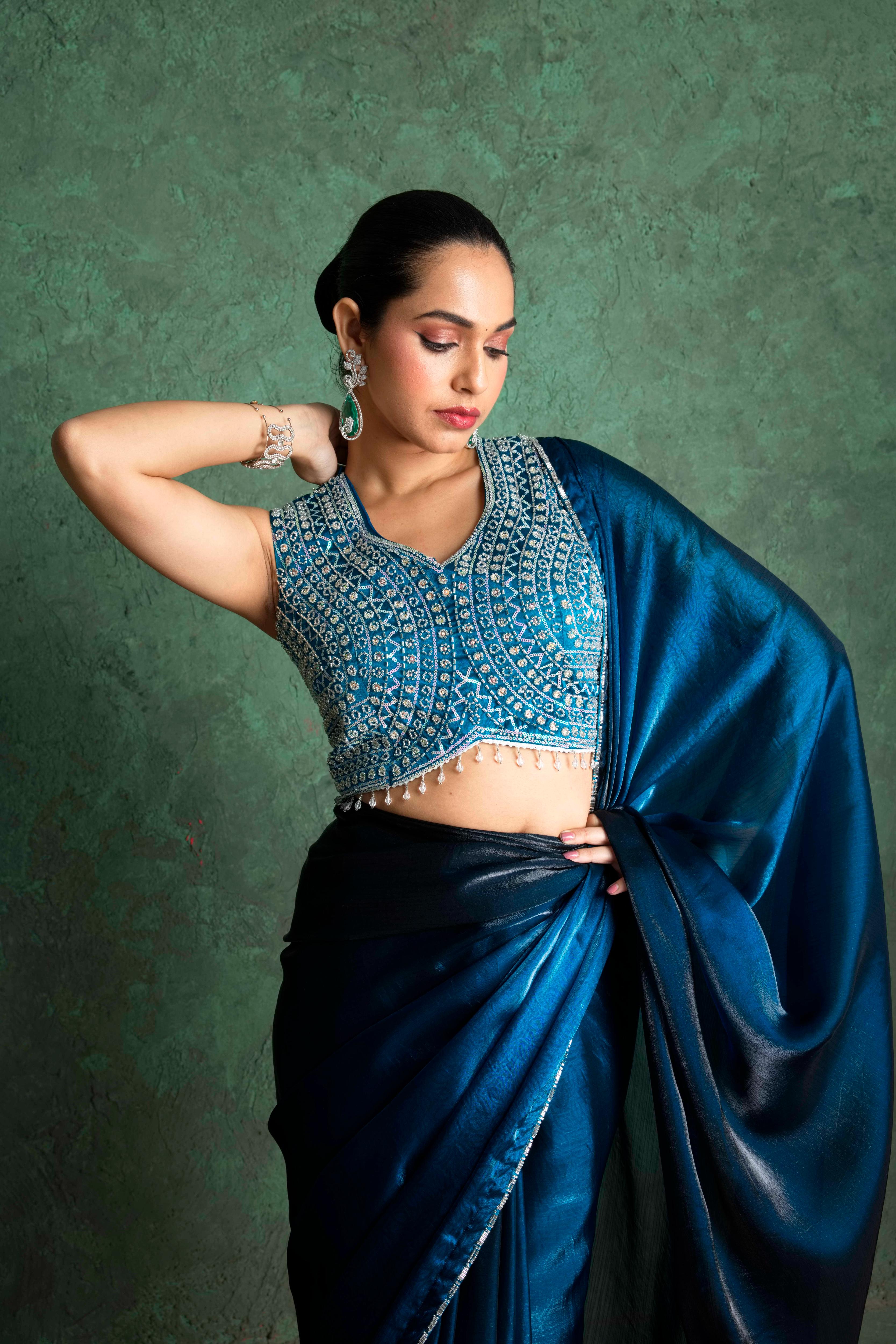 Chic Blue Saree with Creative Embroidery