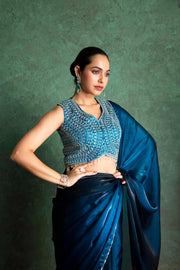 Chic Blue Saree with Creative Embroidery