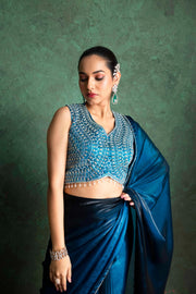 Chic Blue Saree with Creative Embroidery