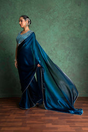 Chic Blue Saree with Creative Embroidery