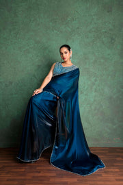 Chic Blue Saree with Creative Embroidery