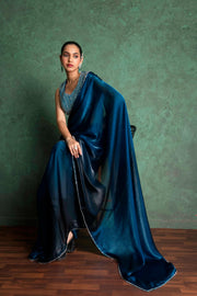 Chic Blue Saree with Creative Embroidery