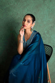 Chic Blue Saree with Creative Embroidery