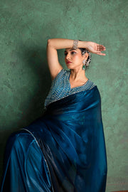 Chic Blue Saree with Creative Embroidery