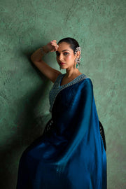 Chic Blue Saree with Creative Embroidery