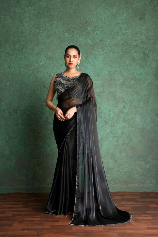 Elegant Black Saree with Delicate Embroidery sedoracouture