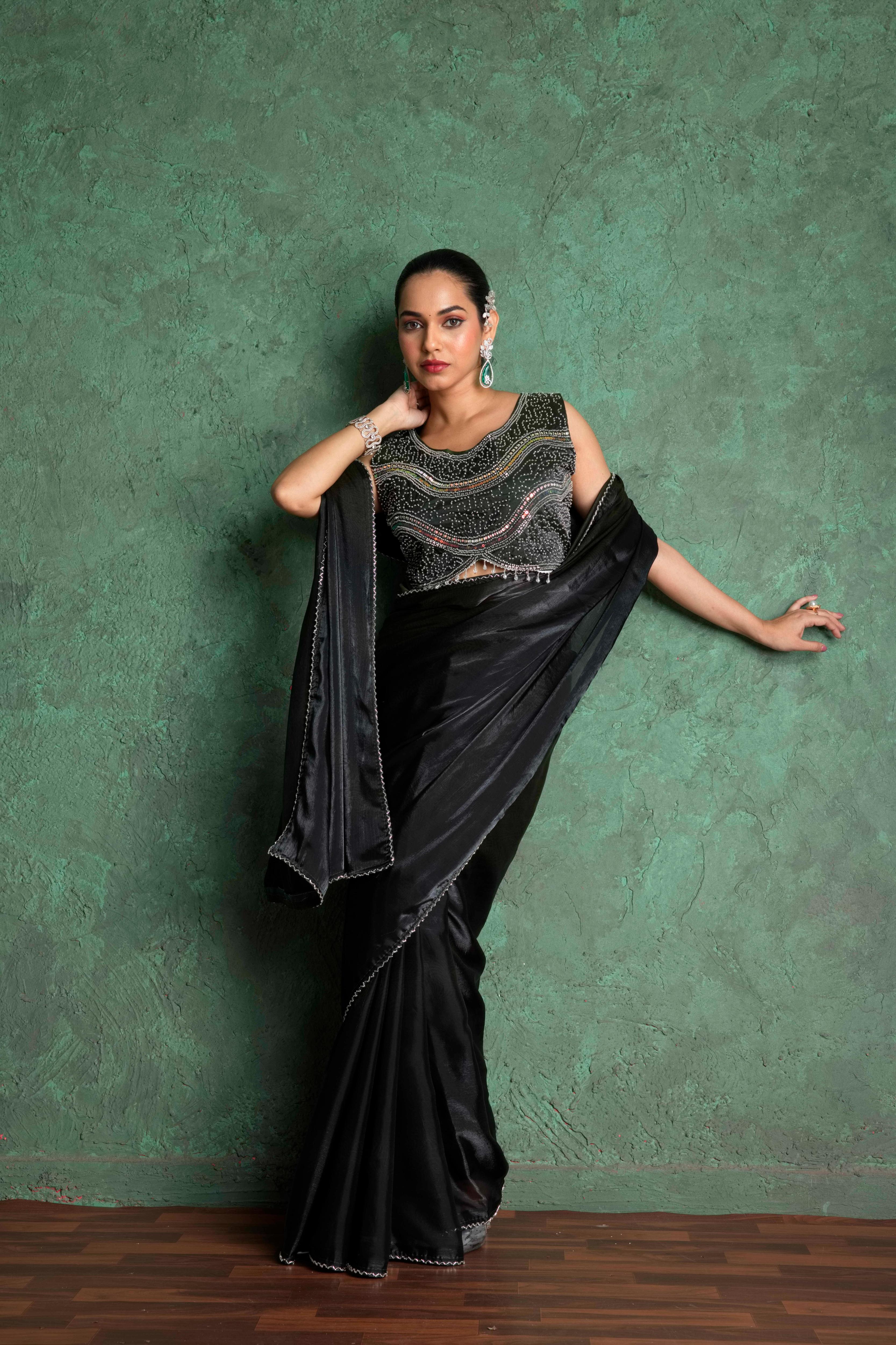 Elegant Black Saree with Delicate Embroidery