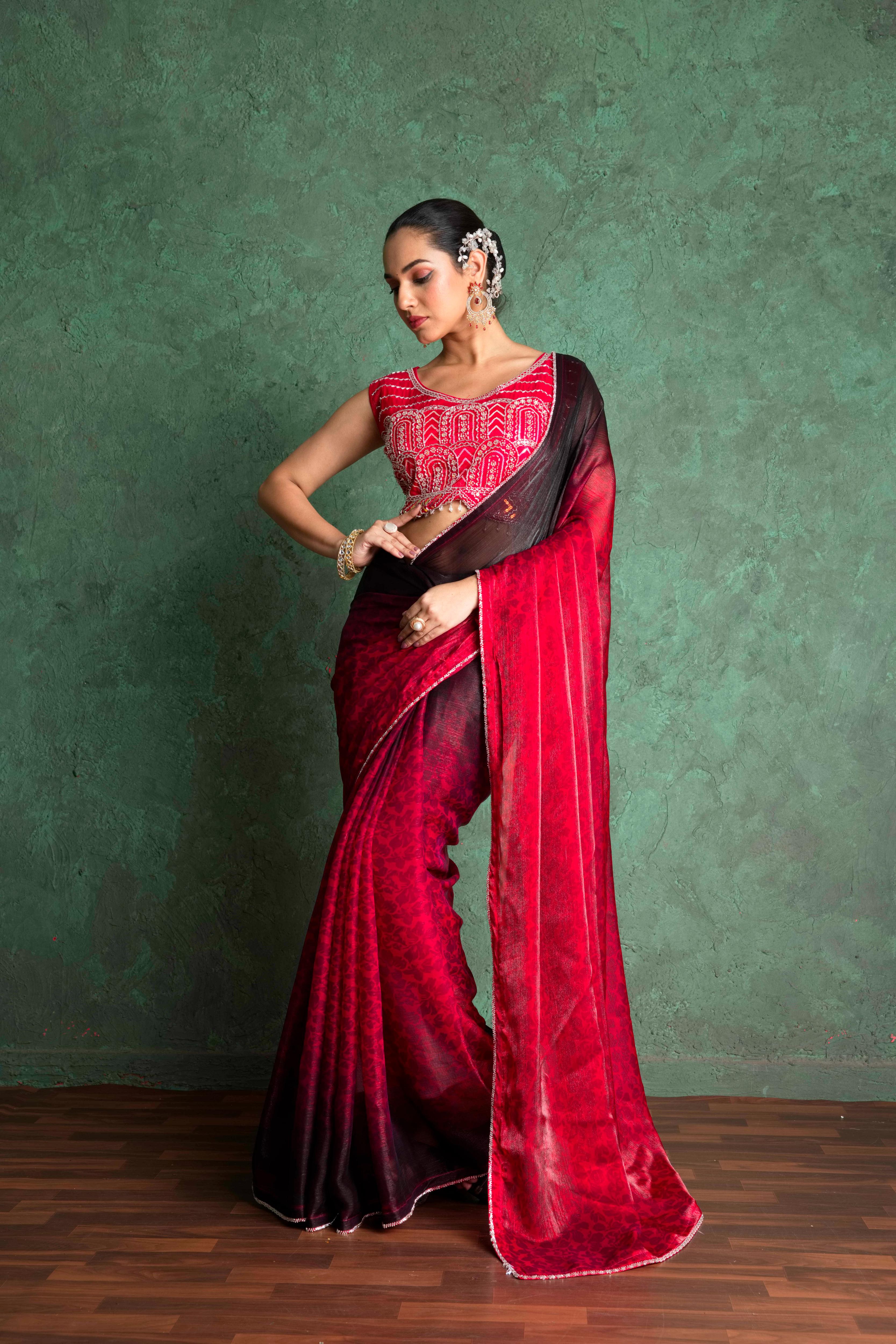 Luxe Red Saree with Artistic Embroidery