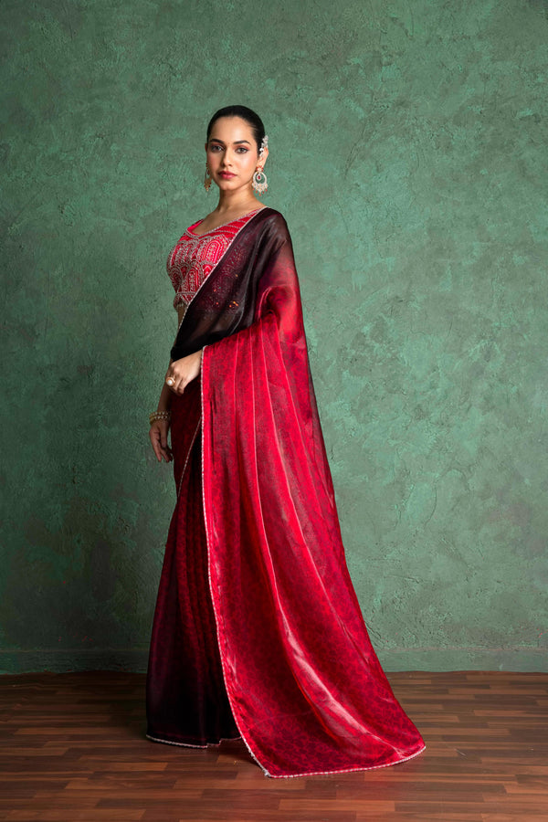 Luxe Red Saree with Artistic Embroidery sedoracouture