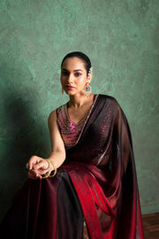 Red saree offers a bold contrast with rich textures. Paired with a multi-sequin blouse and ethnic jewelry,  perfect for festivals, weddings, or fashion photoshoots.