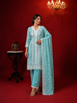 Blue Cotton Lace Work Kurta Set sedoracouture