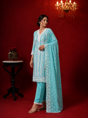 Blue Cotton Lace Work Kurta Set sedoracouture