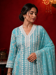 Blue Cotton Lace Work Kurta Set sedoracouture