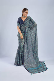 Dark Blue Chiffon Ajrak Print Saree