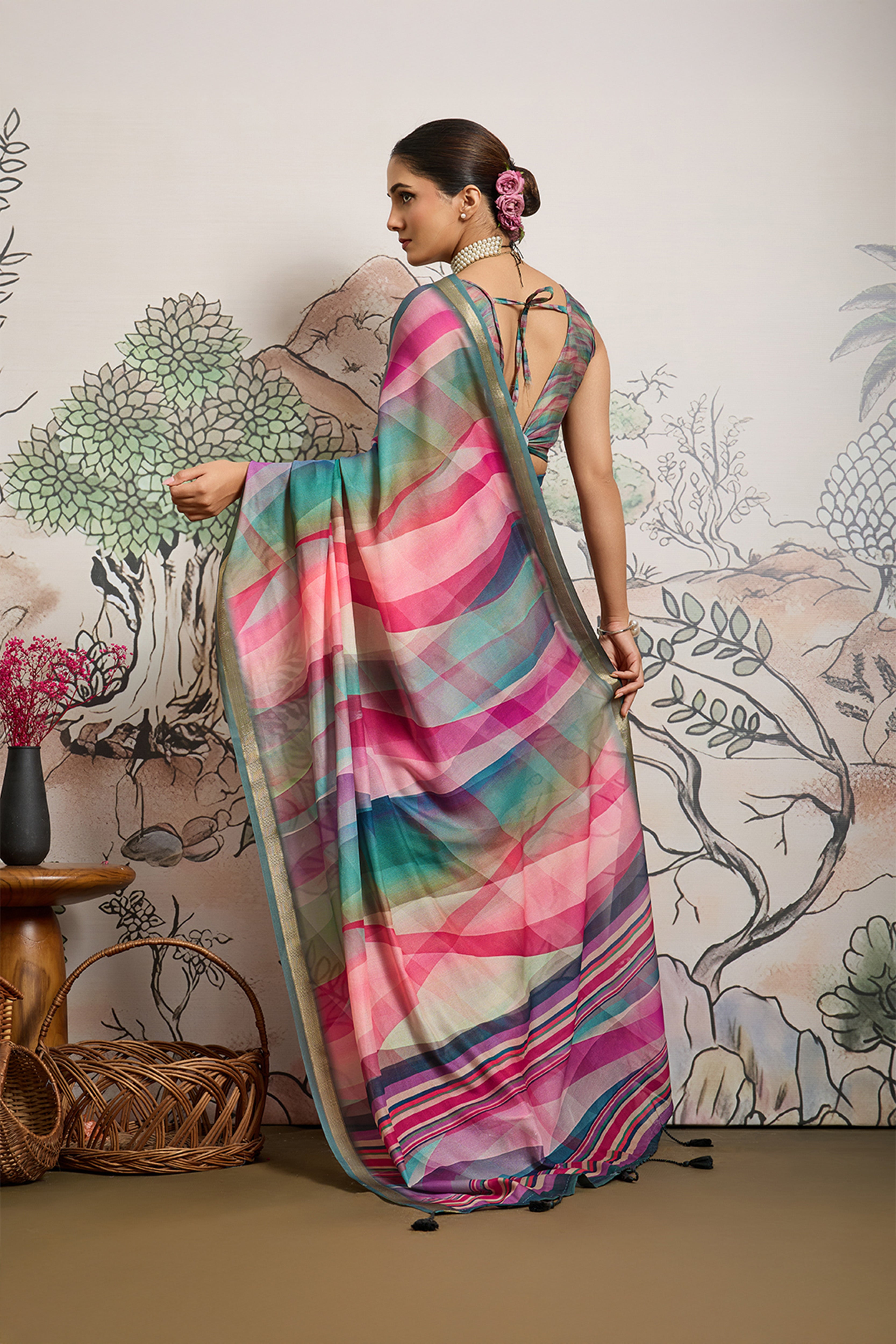 Multi-Colour Moss Zari Printed Saree with Casab Zari Border
