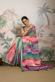 Multi-Colour Moss Zari Printed Saree with Casab Zari Border