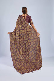 Maroon Chiffon Saree with Yellow Ajrak