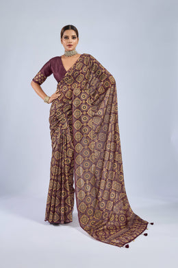 Maroon Chiffon Saree with Yellow Ajrak