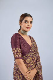 Maroon Chiffon Saree with Yellow Ajrak