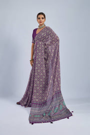 Purple Saree with Yellow and Blue Ajrak