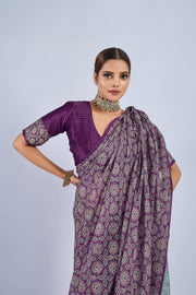 Purple Saree with Yellow and Blue Ajrak