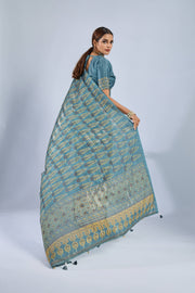 Golden Ajrak Print Light Blue Chiffon Saree