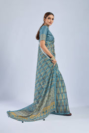 Golden Ajrak Print Light Blue Chiffon Saree